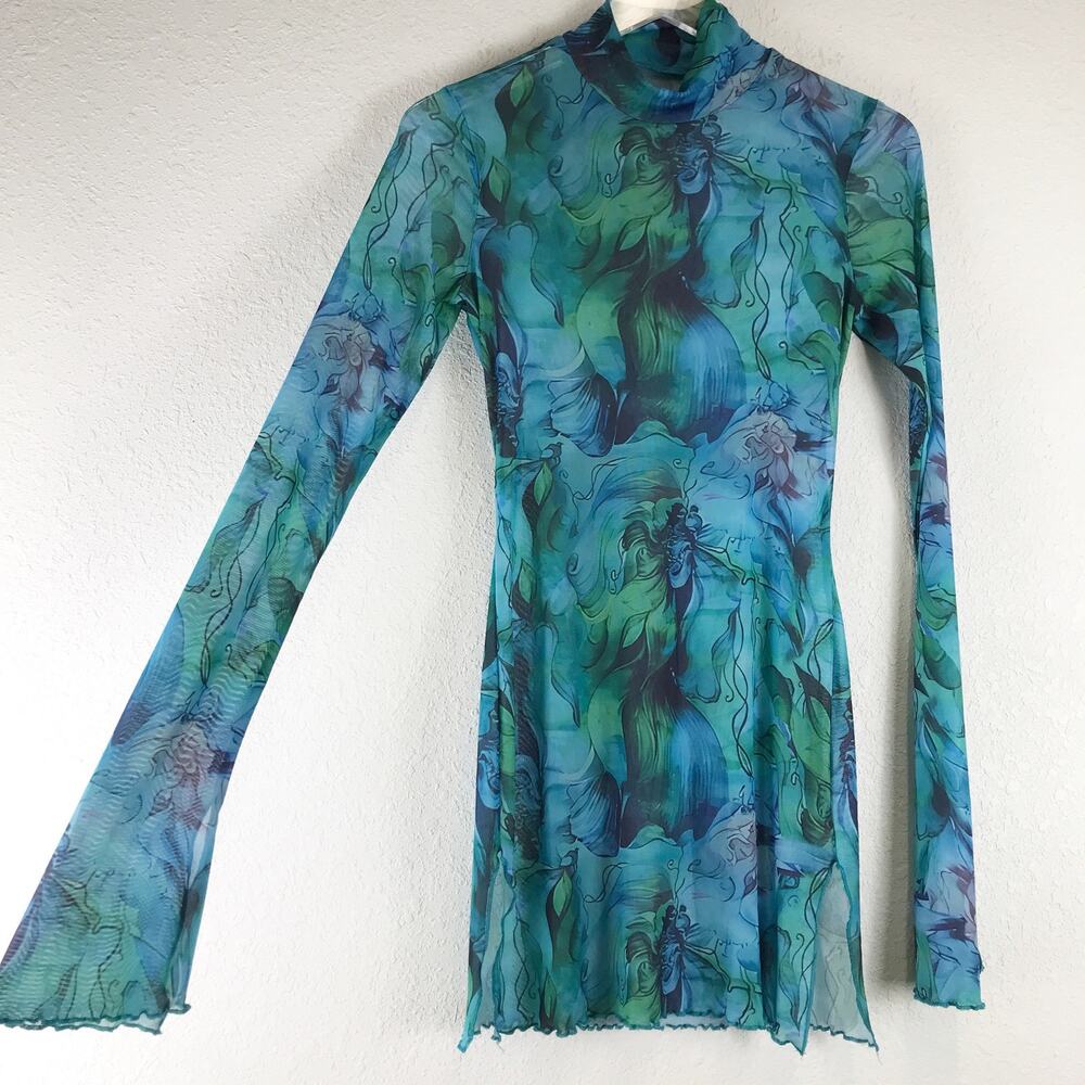 Sheer Long Bell Sleeve Lettuce Hem Mock Neck Fairycore Watercolor Dress Tunic